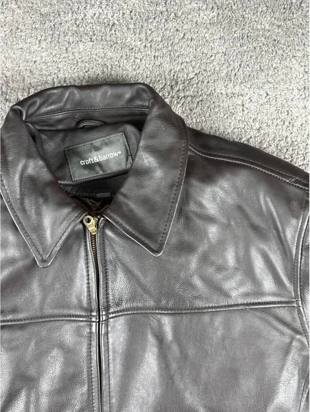 Croft & Barrow Leather Jacket Mens L Brown Full Zip YKK Lined Coat